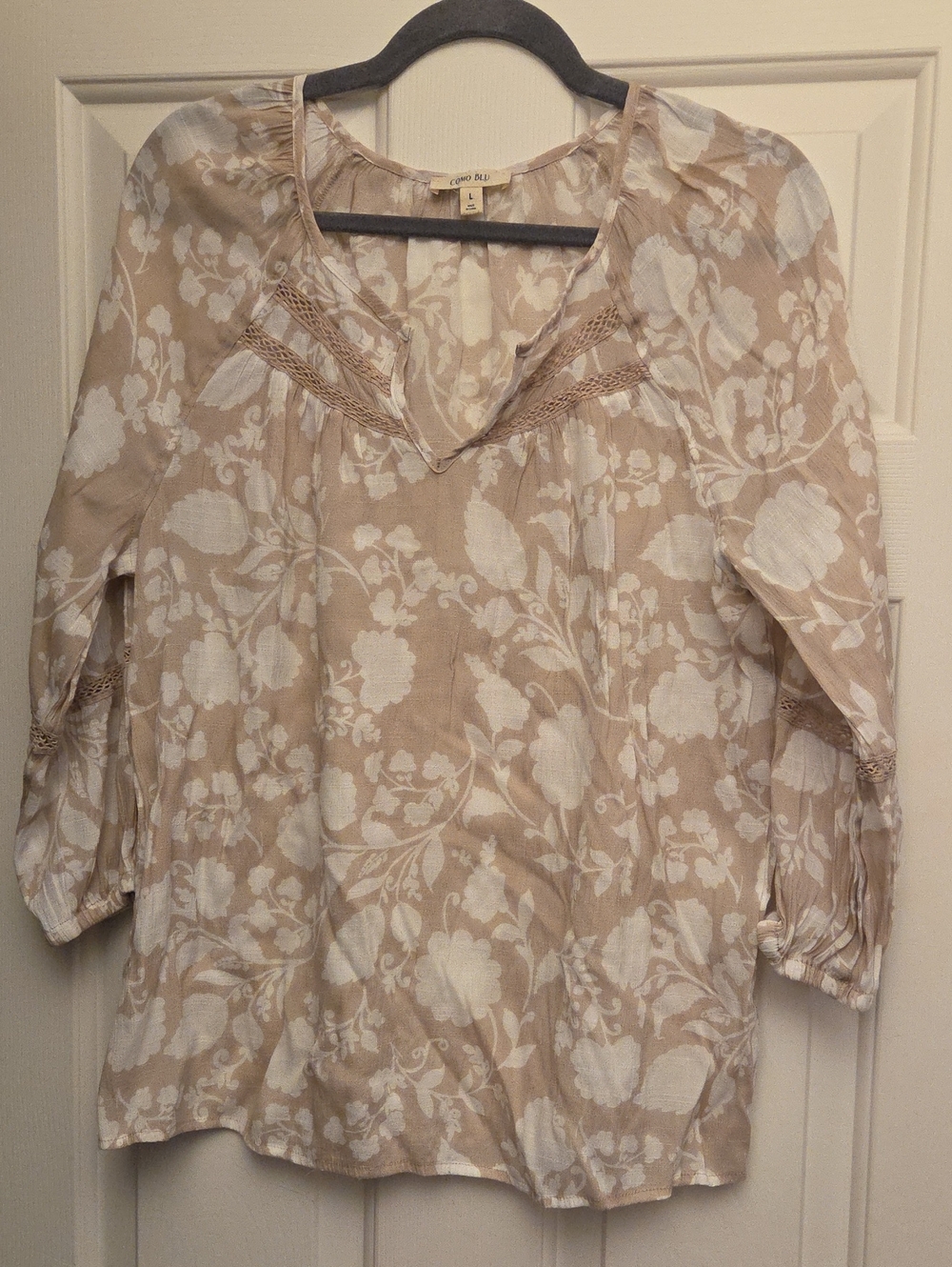 Light Beige Floral V-Neck Peasant Blouse